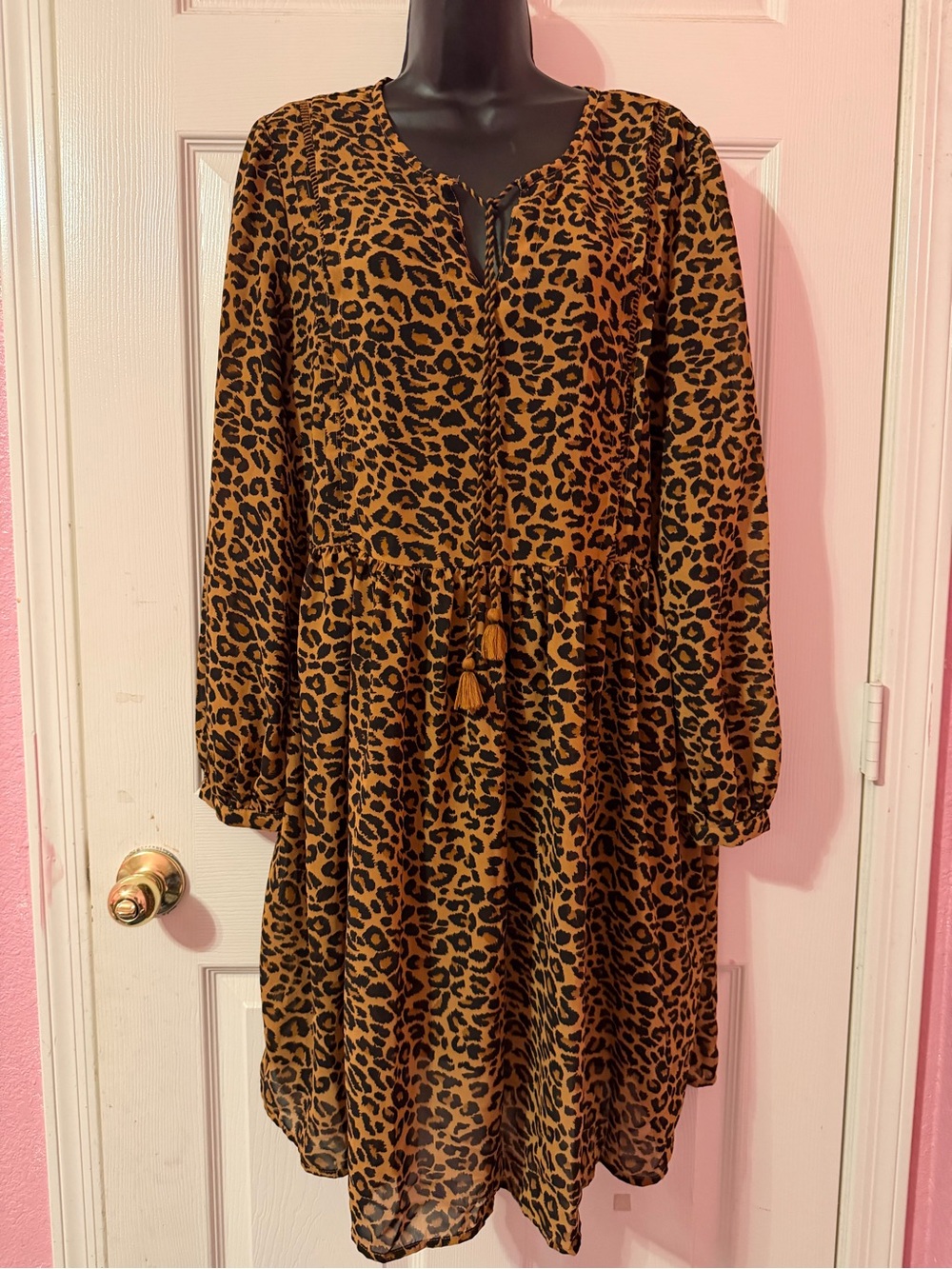 Time and Tru Leopard Long Sleeve Midi Dress in Tan and Black